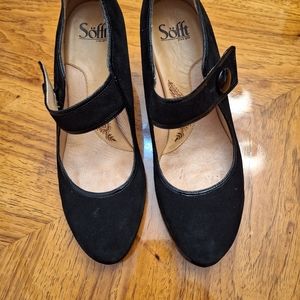 Sofft black suede with patent leather trim. Interior lined with leather.